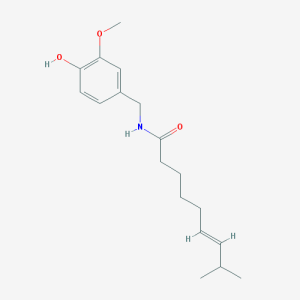 Capsaicin, (E)-N-[(4-hydroxy-3-methoxyphenyl)methyl]-8-methylnon-6-enamide, is a neuropeptide releasing agent selective for primary sensory peripheral neurons. Used topically, capsaicin aids in controlling peripheral nerve pain. This agent has been used experimentally to manipulate substance P and other tachykinins. In addition, capsaicin may be useful in controlling chemotherapy- and radiotherapy-induced mucositis.